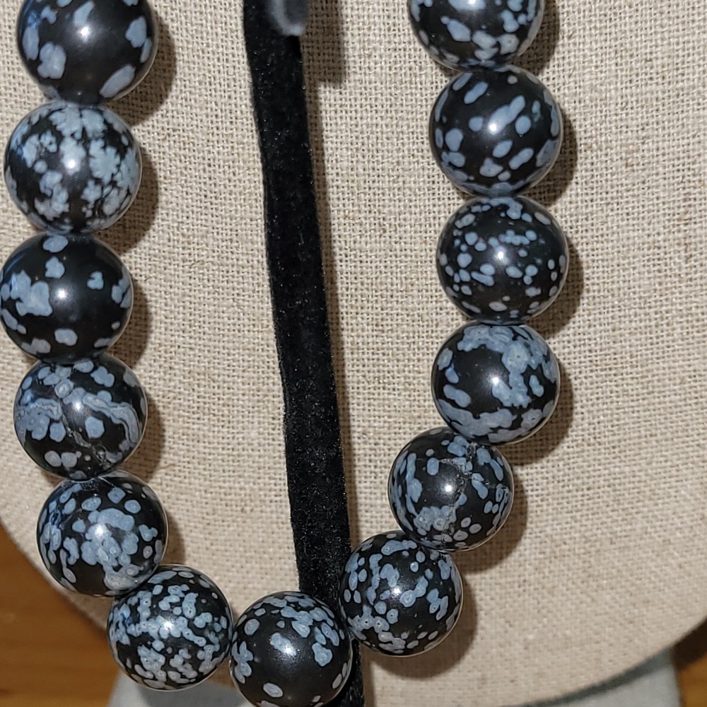 Vintage Snowflake Obsidian Large Round Bead Stretch Bracelet 35g